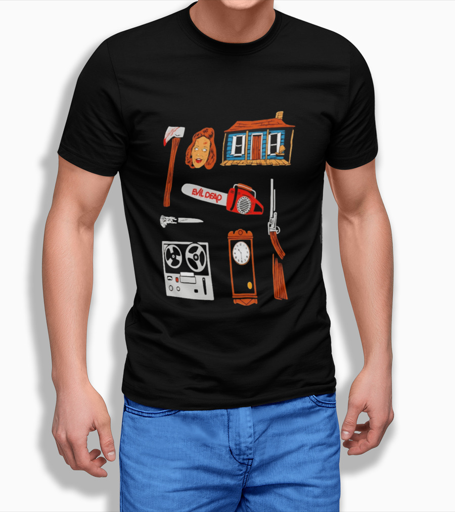 Evil Dead Horror Collage Chainsaw Cabin Axe Ash Williams T-Shirt