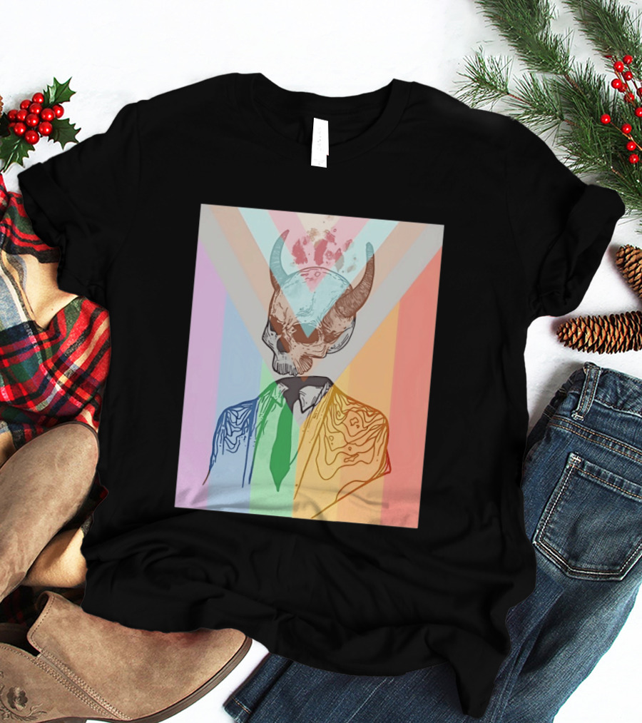 Horned Devil Skull Suit Pride Flag Surrealism Abstract Colorful T-Shirt