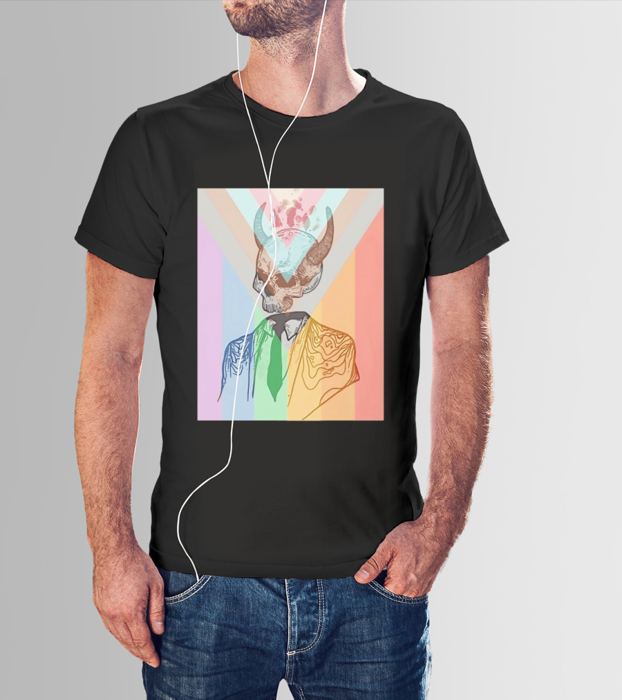 Horned Devil Skull Suit Pride Flag Surrealism Abstract Colorful T-Shirt
