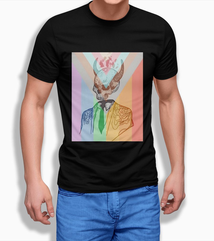 Horned Devil Skull Suit Pride Flag Surrealism Abstract Colorful T-Shirt