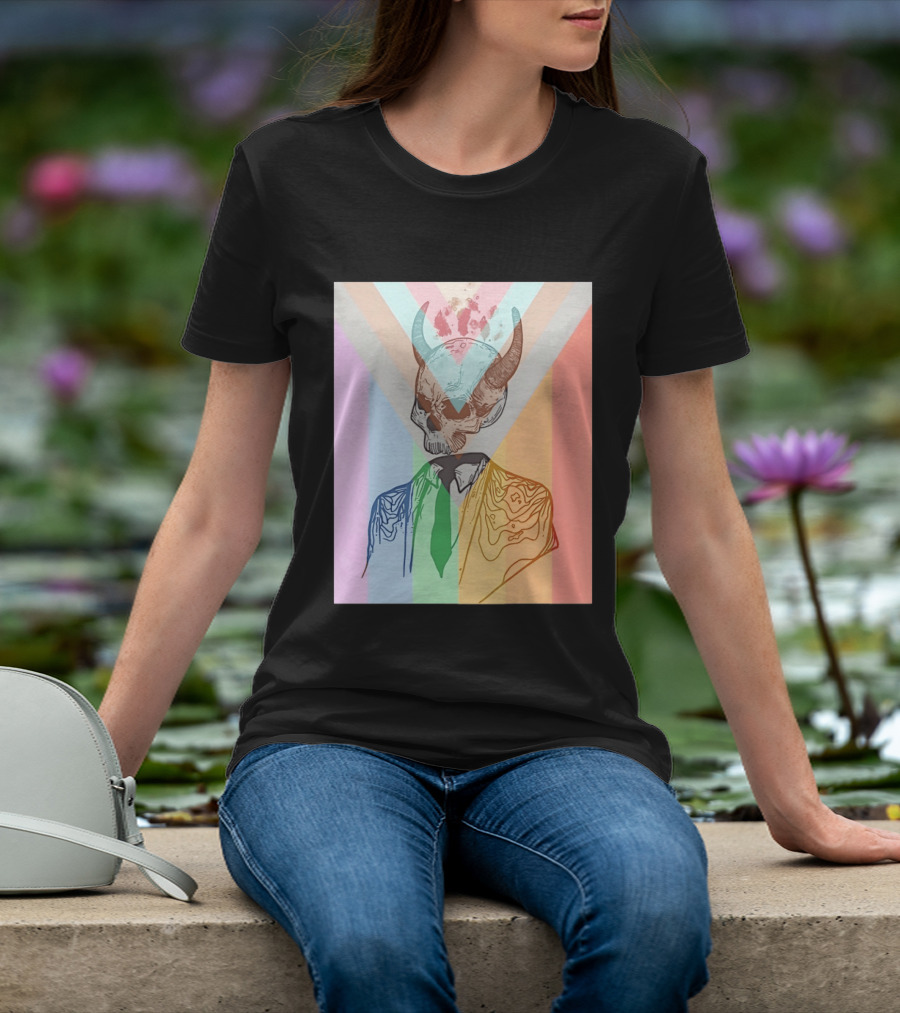 Horned Devil Skull Suit Pride Flag Surrealism Abstract Colorful T-Shirt