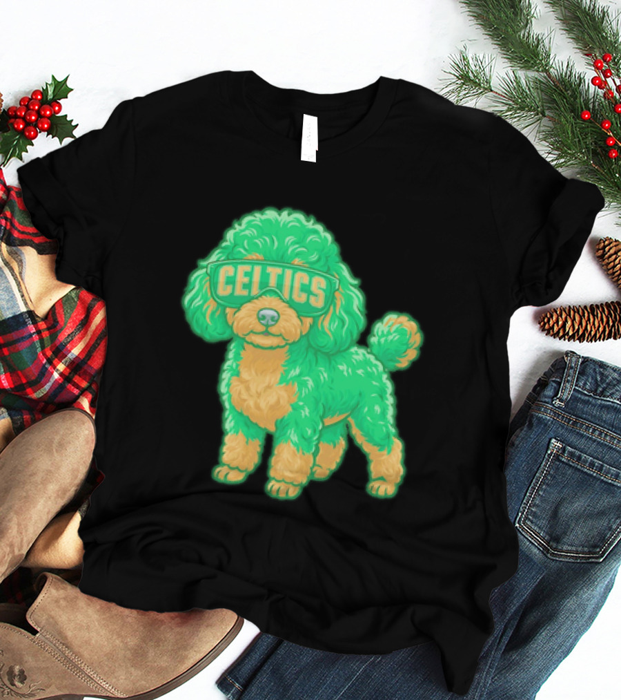 Boston Celtics Teacup Poodle Cartoon With Celtics Sunglasses T-Shirt