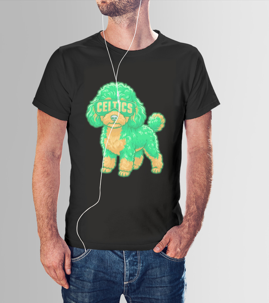 Boston Celtics Teacup Poodle Cartoon With Celtics Sunglasses T-Shirt