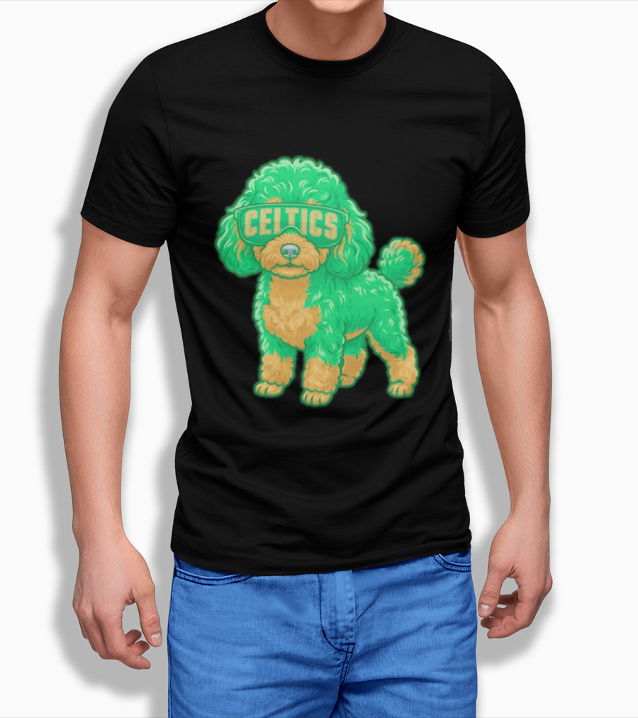 Boston Celtics Teacup Poodle Cartoon With Celtics Sunglasses T-Shirt