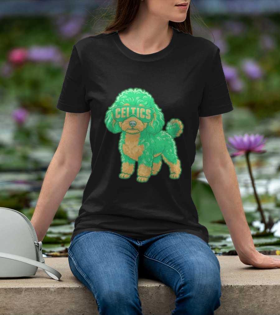 Boston Celtics Teacup Poodle Cartoon With Celtics Sunglasses T-Shirt