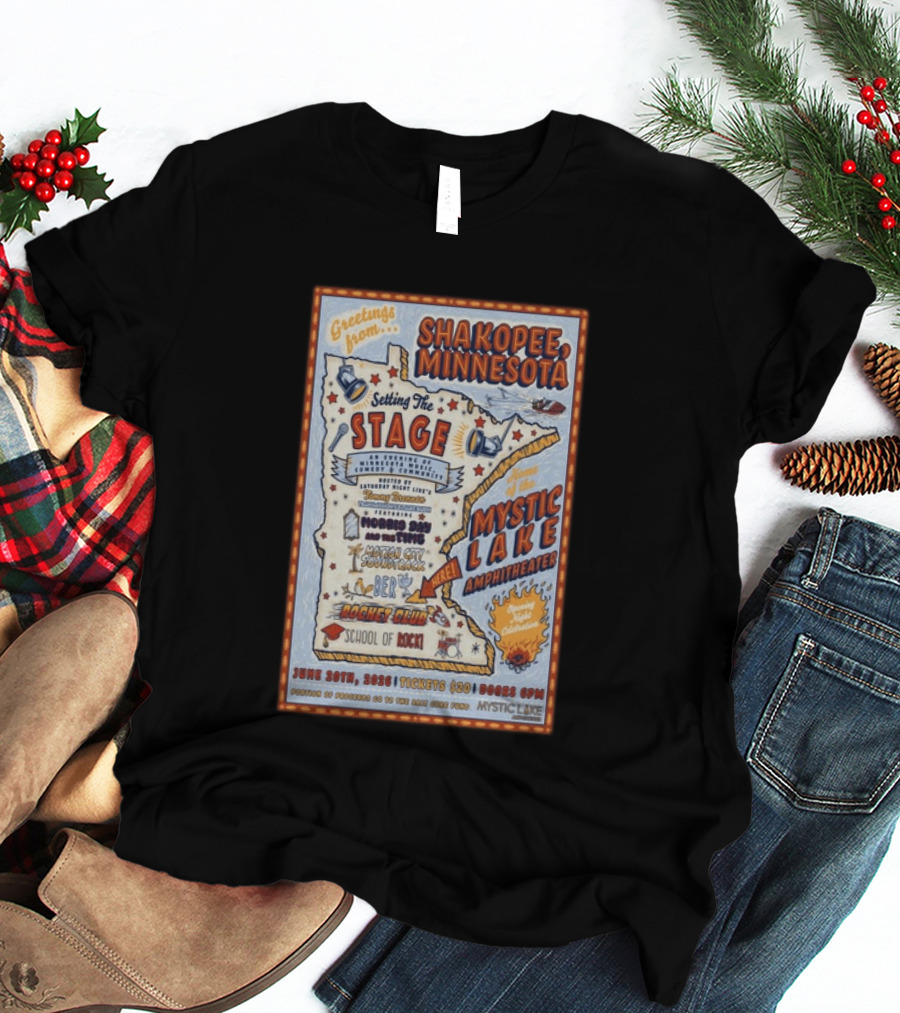Greetings From Shakopee Minnesota Mystic Lake Amphitheater June 20 2026 Setting The Stage School Of Rock Band Event T-Shirt