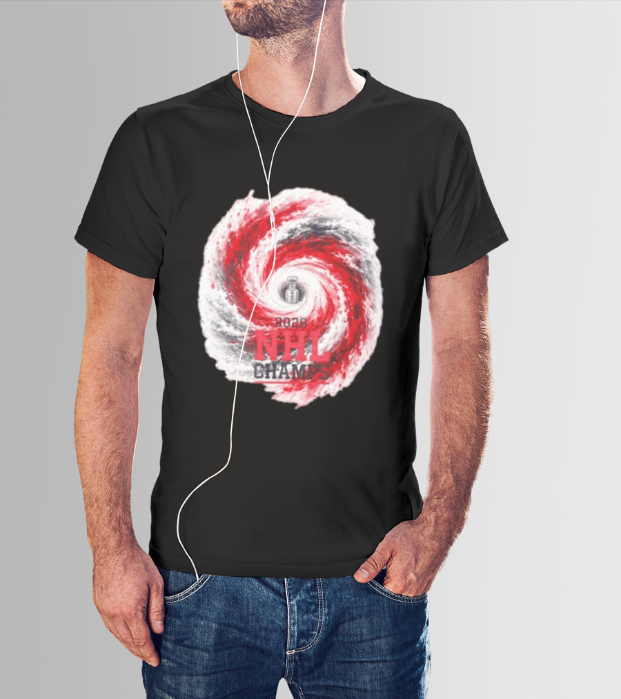 Carolina Hurricanes 2026 NHL Champs Storm With Hockey Trophy And Red Gray Swirl T-Shirt