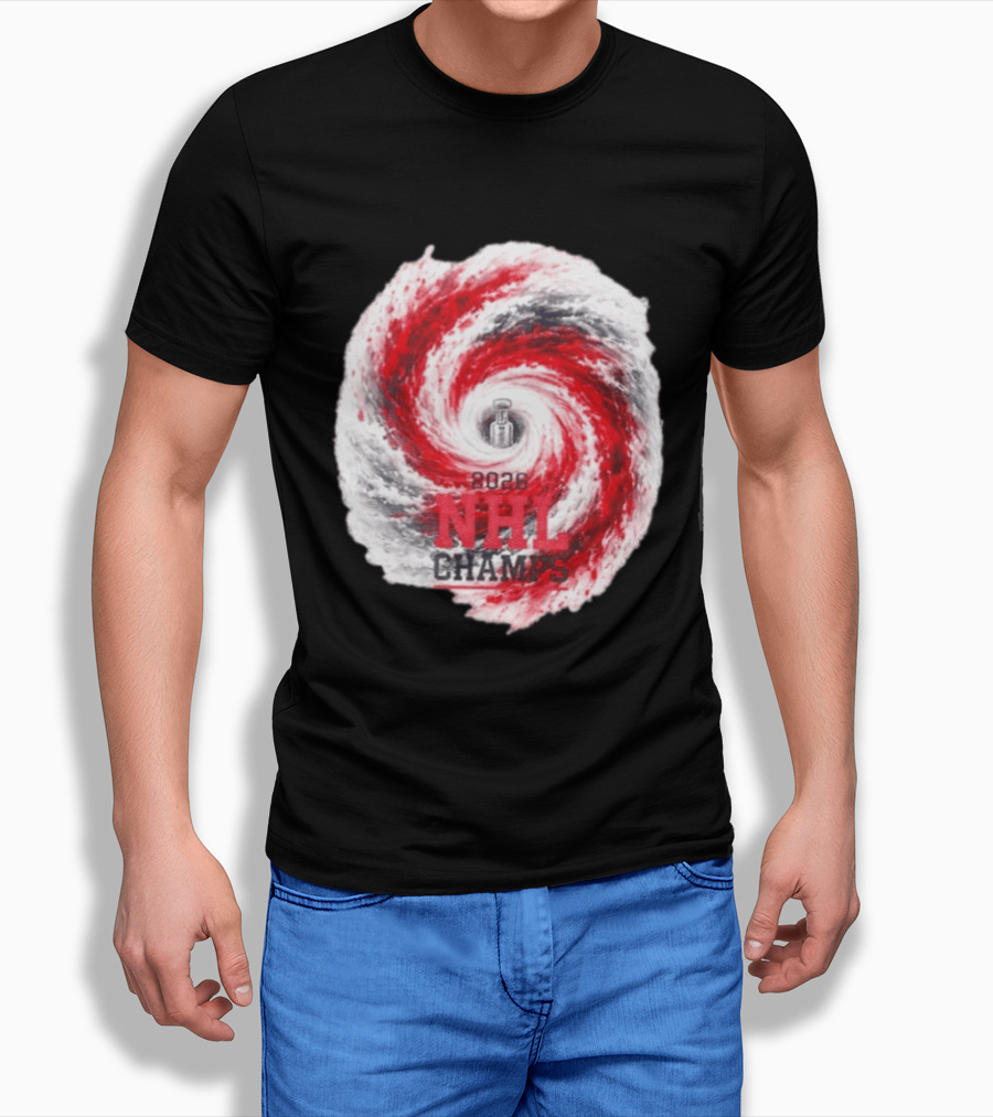 Carolina Hurricanes 2026 NHL Champs Storm With Hockey Trophy And Red Gray Swirl T-Shirt