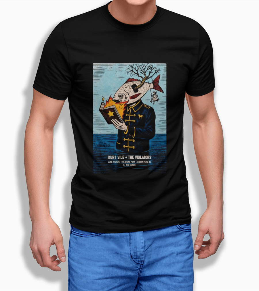 Kurt Vile + The Violators June 21 2026 Stone Pony Asbury Park NJ W/ The Sadies Surreal Fish Head Reading Book Burning Tree Swing T-Shirt