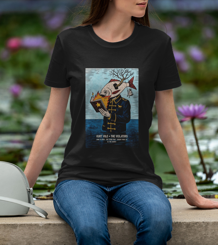 Kurt Vile + The Violators June 21 2026 Stone Pony Asbury Park NJ W/ The Sadies Surreal Fish Head Reading Book Burning Tree Swing T-Shirt