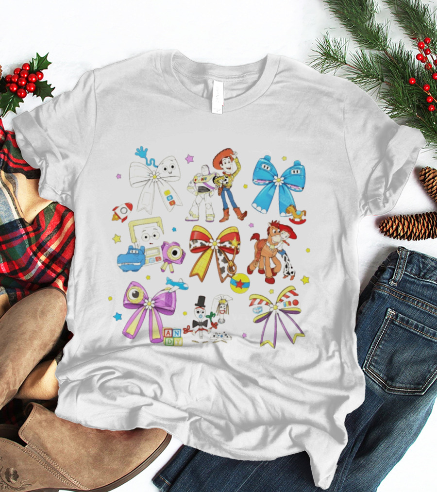 Woody Buzz Jessie Forky Andy Toy Story Characters With Colorful Bows T-Shirt