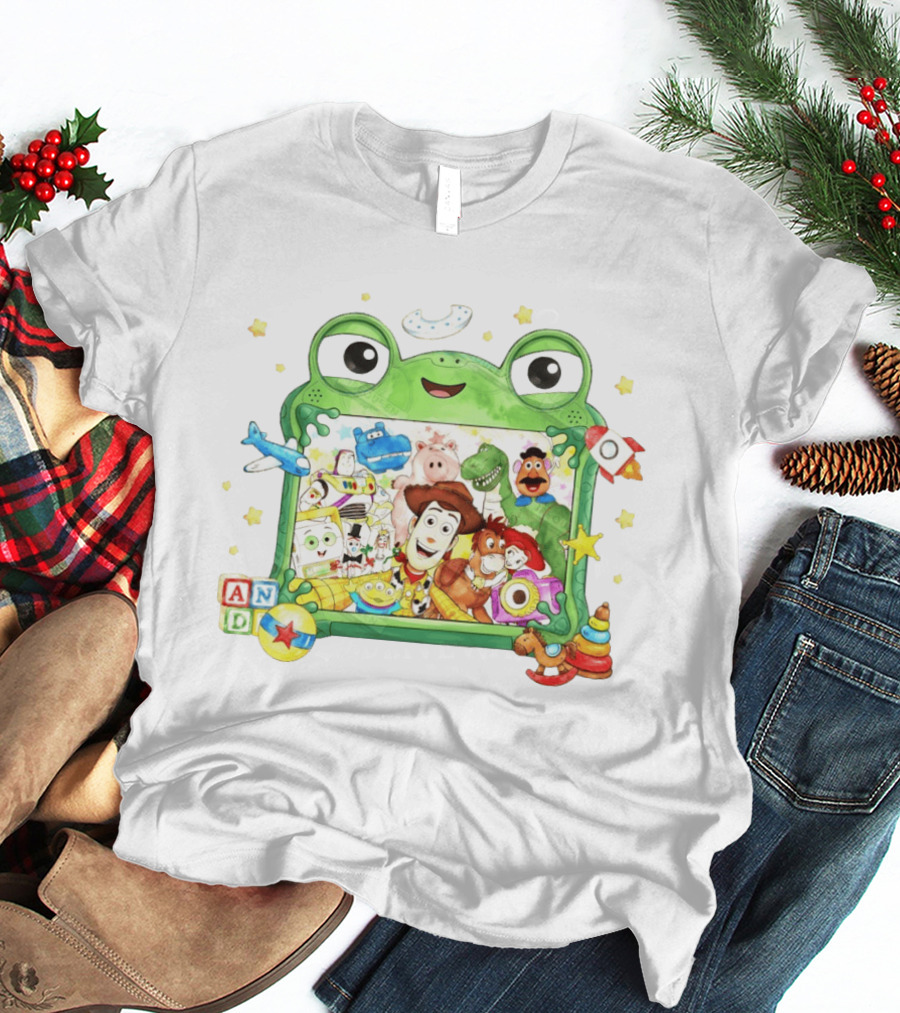 Woody And Buzz Lightyear Toy Story Characters Inside Frog Frame With Andy Blocks T-Shirt