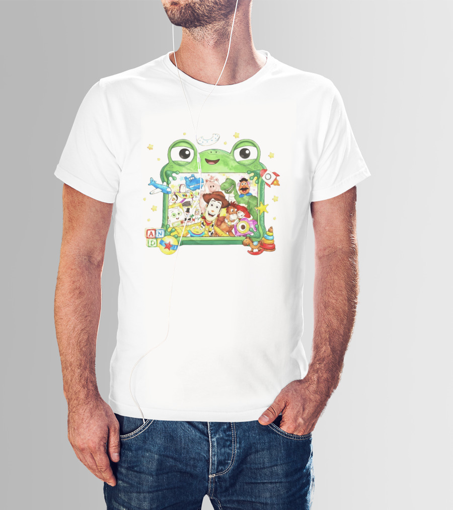 Woody And Buzz Lightyear Toy Story Characters Inside Frog Frame With Andy Blocks T-Shirt