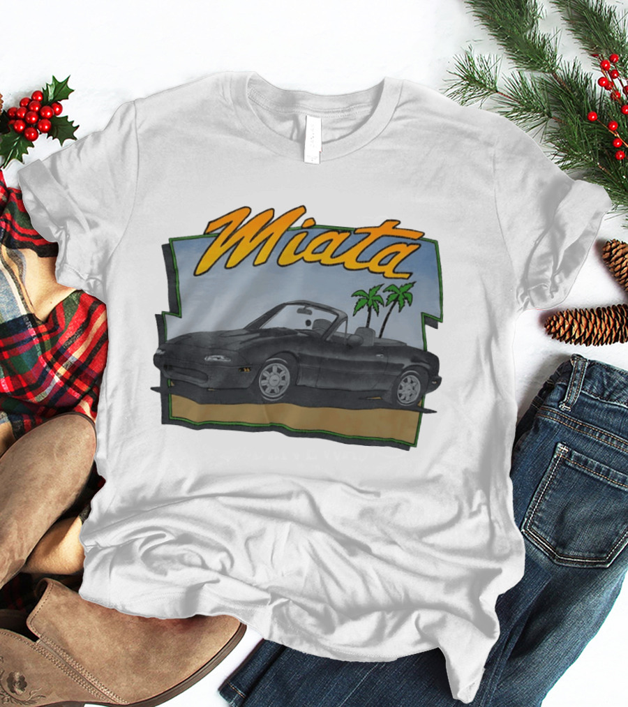 Miata Mazda NA Roadster Convertible With Palm Trees Beach Scene T-Shirt