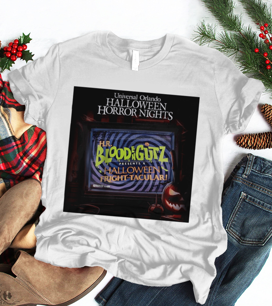 Universal Orlando Halloween Horror Nights HR Blood N Gutz Presents A Halloween Fright Tacular TV Experience T-Shirt