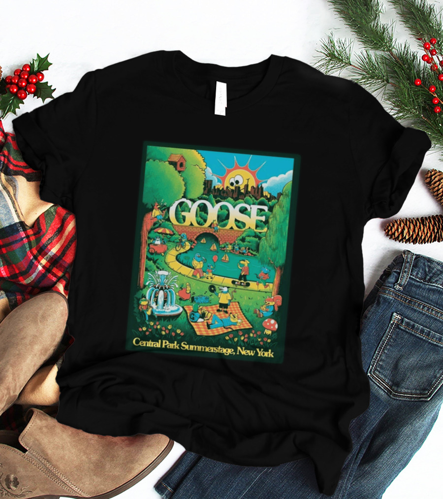 Goose Central Park Summerstage New York 2026 June 21 Lewy Jones Vibrant Park Scene With Sun And Fountain T-Shirt