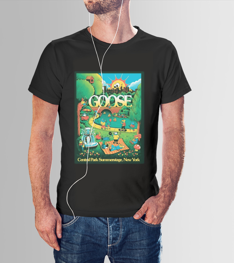 Goose Central Park Summerstage New York 2026 June 21 Lewy Jones Vibrant Park Scene With Sun And Fountain T-Shirt