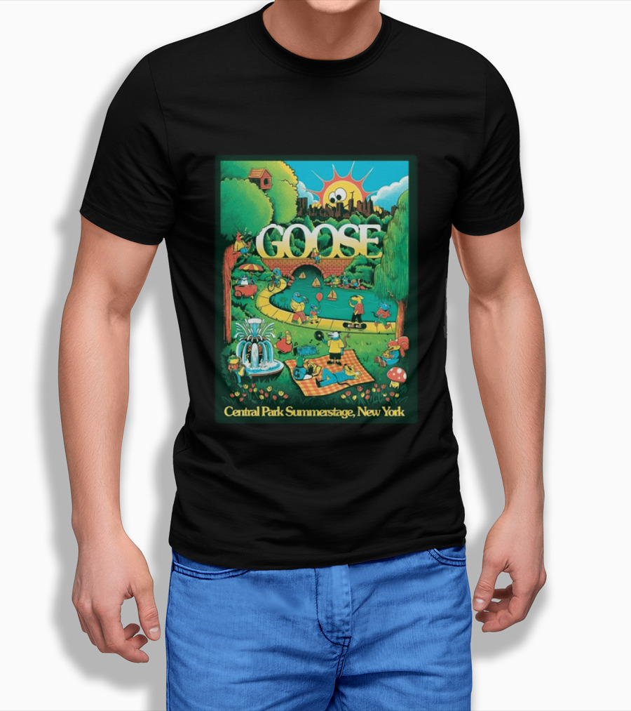 Goose Central Park Summerstage New York 2026 June 21 Lewy Jones Vibrant Park Scene With Sun And Fountain T-Shirt
