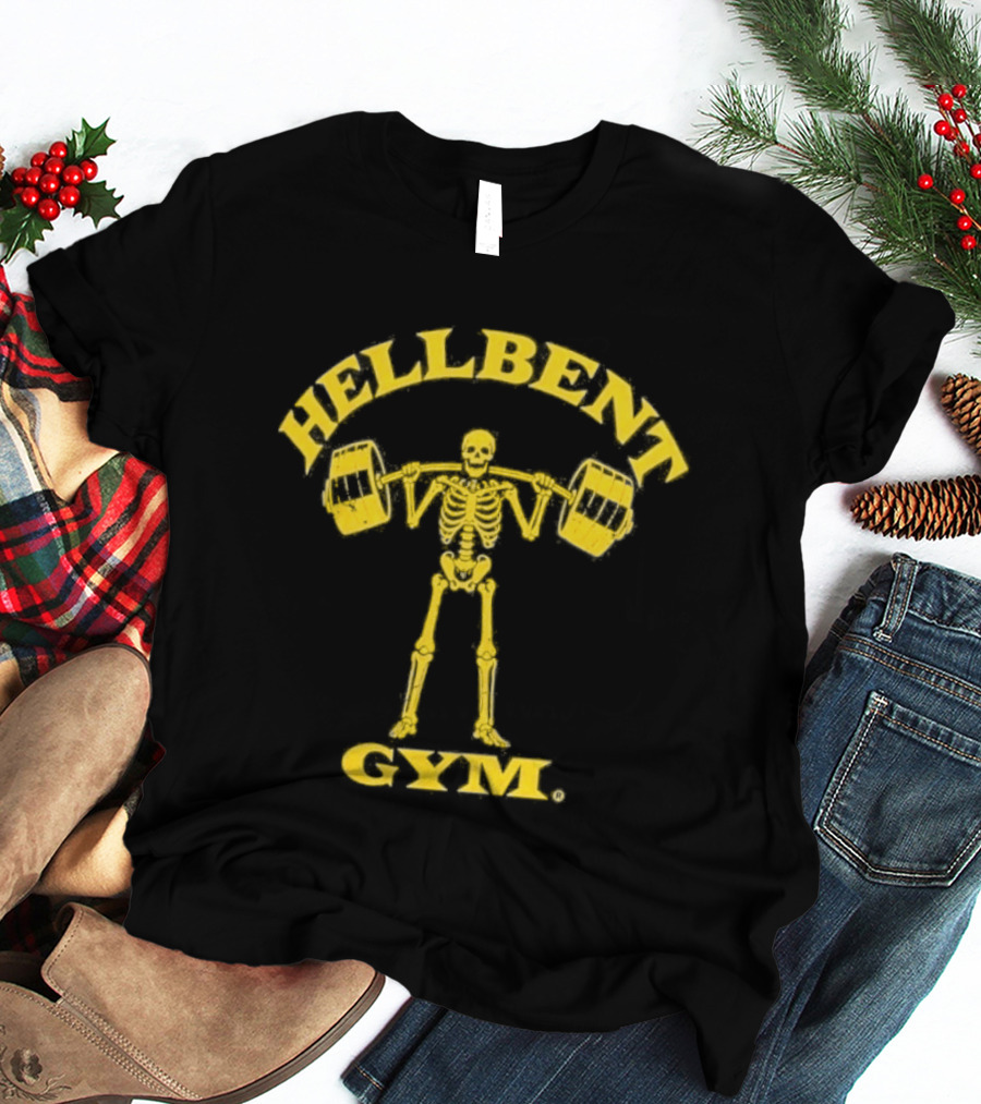 Hellbent Gym Skeleton Lifting Weights Yellow T-Shirt