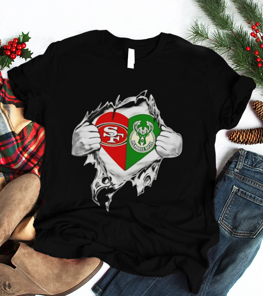 Milwaukee Bucks San Francisco 49ers Heart Scratch T-Shirt