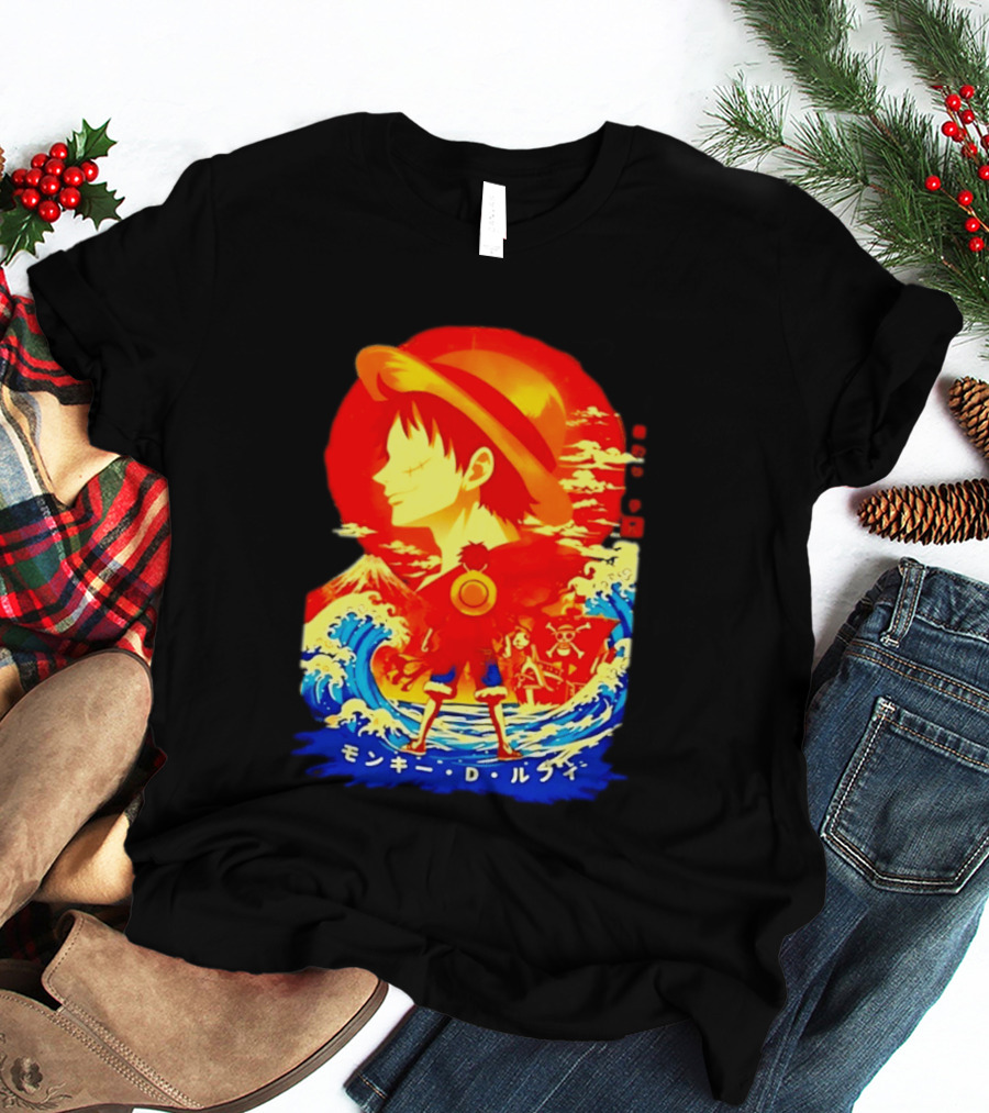 Monkey D. Luffy Straw Hat Waves Japanese Text One Piece Anime T-Shirt