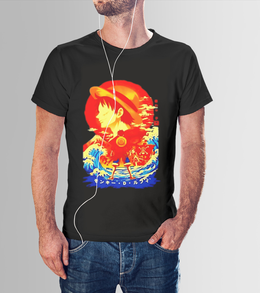 Monkey D. Luffy Straw Hat Waves Japanese Text One Piece Anime T-Shirt