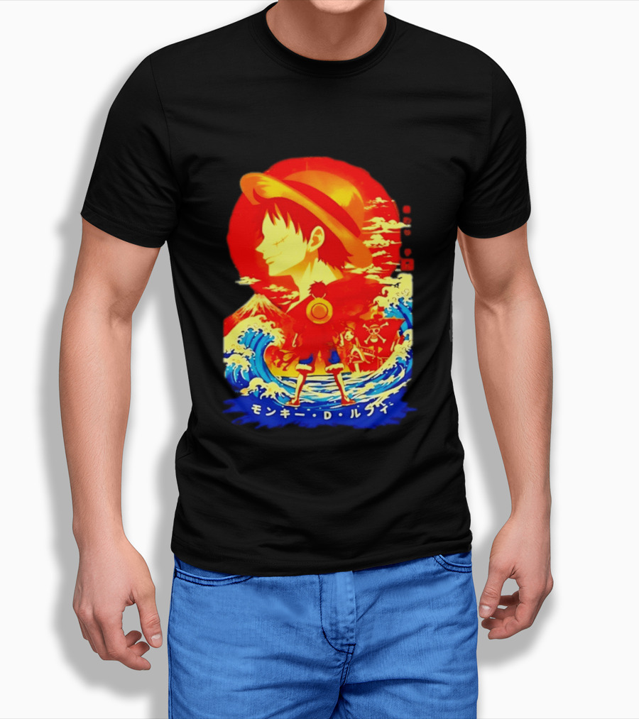 Monkey D. Luffy Straw Hat Waves Japanese Text One Piece Anime T-Shirt