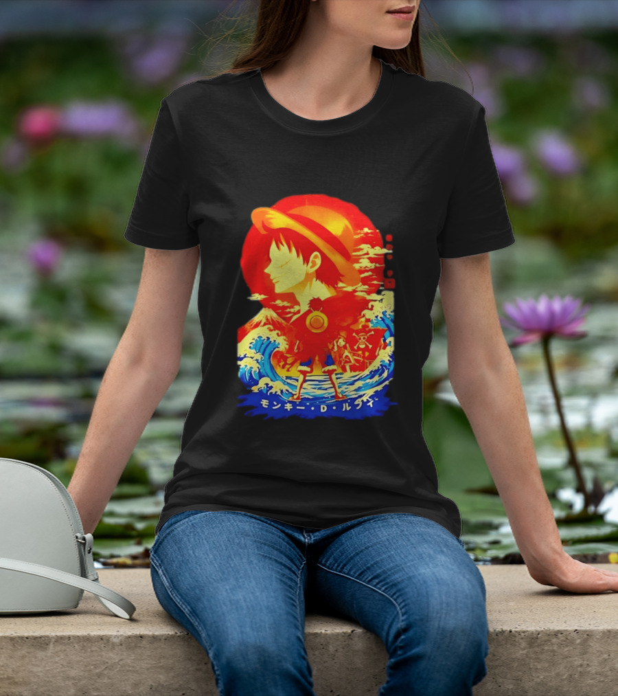 Monkey D. Luffy Straw Hat Waves Japanese Text One Piece Anime T-Shirt