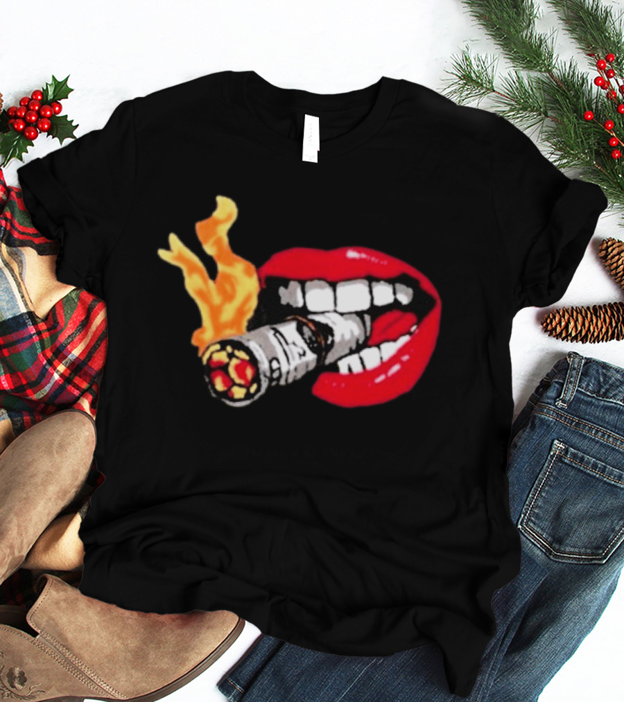Flaming Smoking Money Lips Chenille T-Shirt