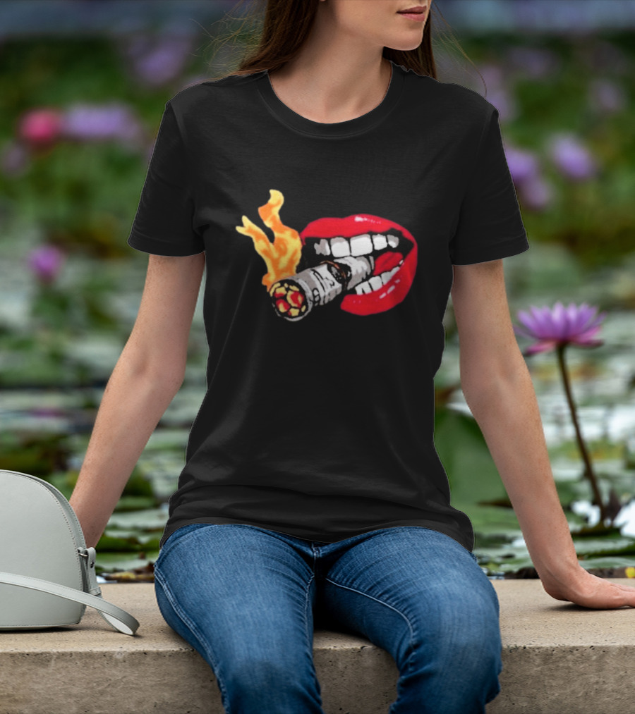 Flaming Smoking Money Lips Chenille T-Shirt