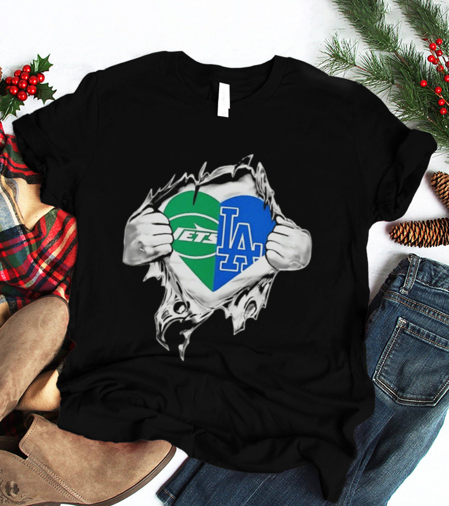New York Jets Los Angeles Dodgers Heart Scratch T-Shirt