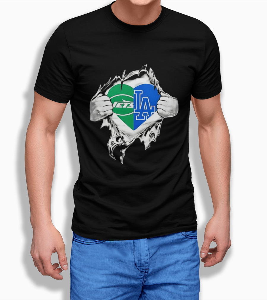 New York Jets Los Angeles Dodgers Heart Scratch T-Shirt