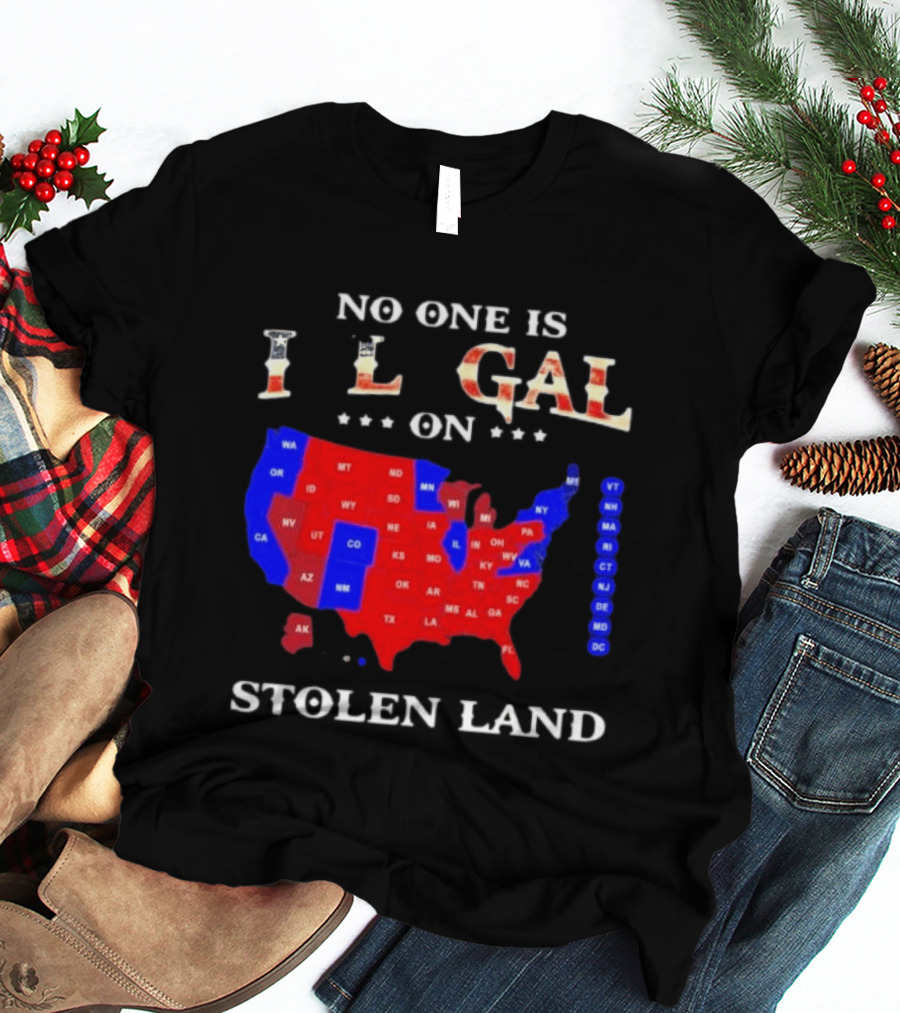 No One Is Illegal On Stolen Land USA Map Red And Blue States T-Shirt