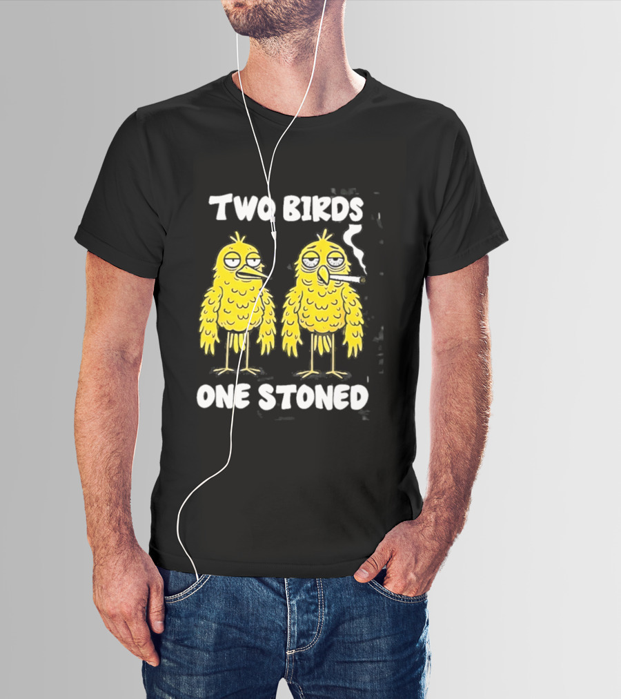 Two Birds One Stoned Smoking Cartoon Humor T-Shirt