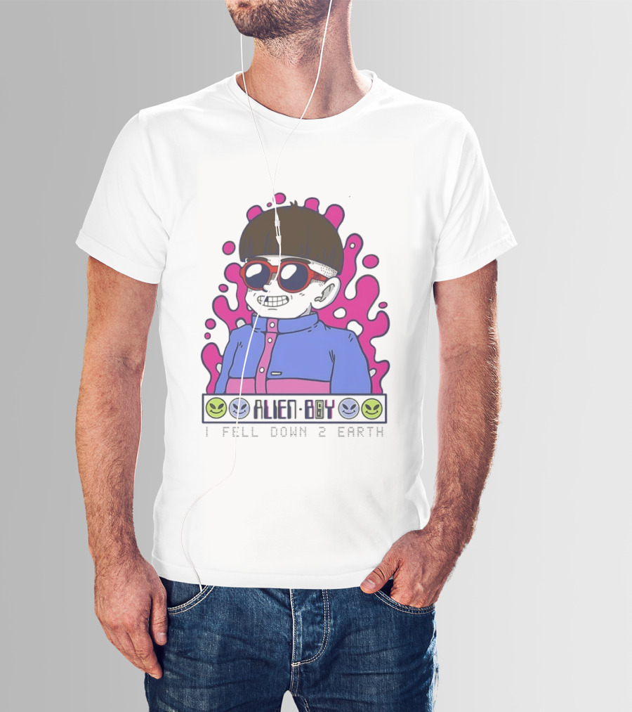 Alien Boy I Fell Down 2 Earth Cool Kid Retro Pink Smiley Vibes T-Shirt