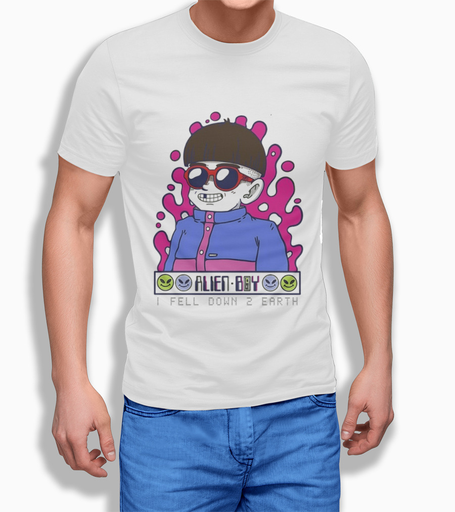 Alien Boy I Fell Down 2 Earth Cool Kid Retro Pink Smiley Vibes T-Shirt