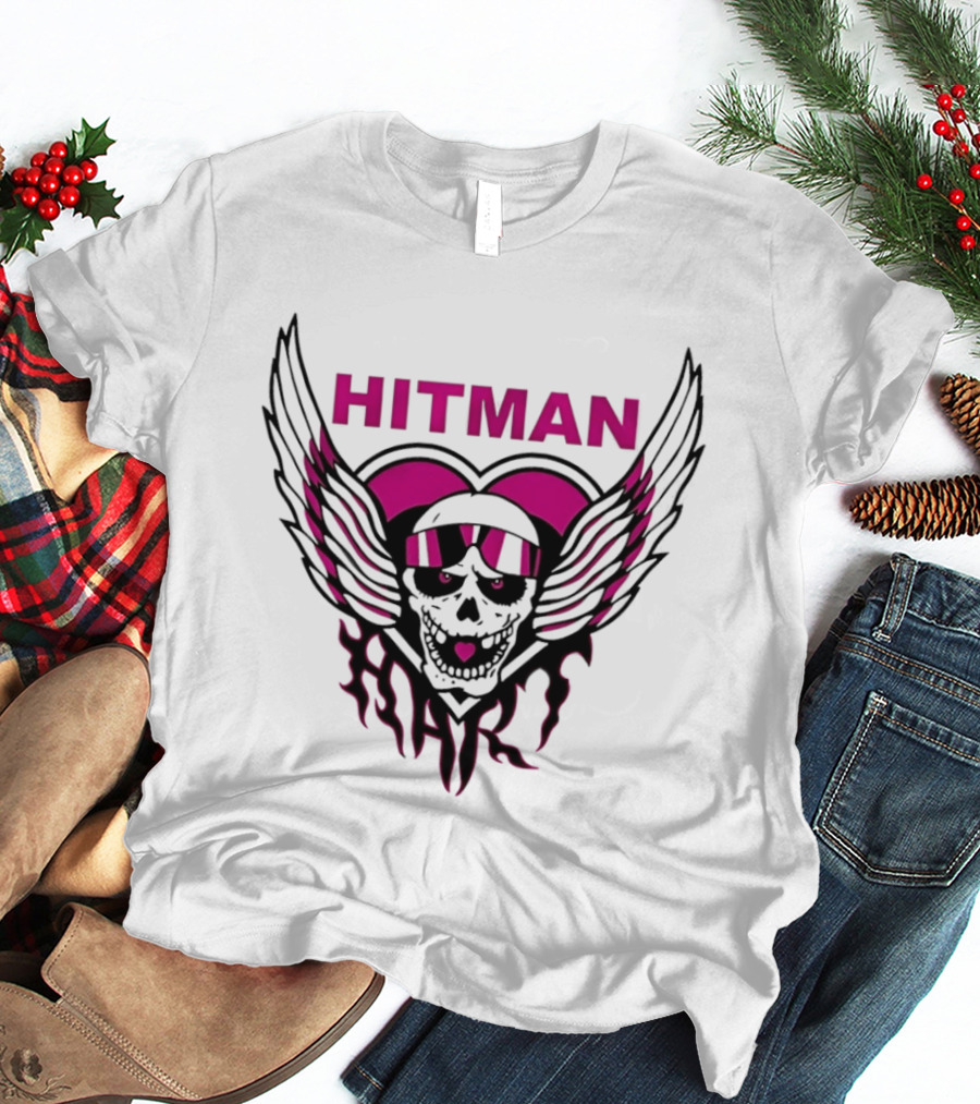 Bret The Hitman Hart Skull Wings Pink Heart T-Shirt