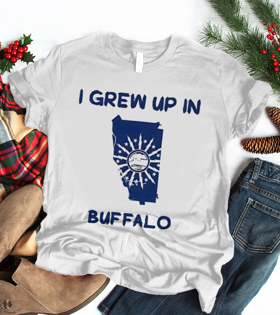 I Grew Up In Buffalo Map With Buffalo Silhouette And Sunburst T-Shirt