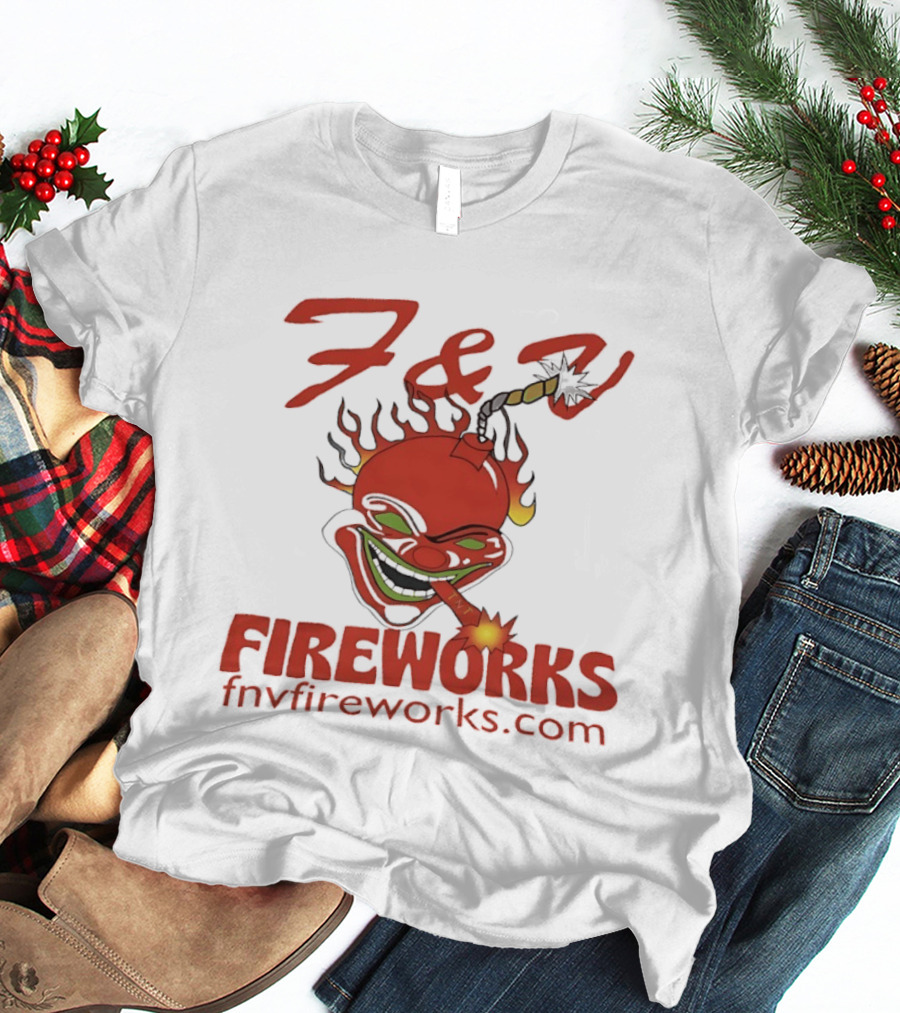 F & V Fireworks Clown Logo With Lit Firecracker And Fnvfireworks.com T-Shirt