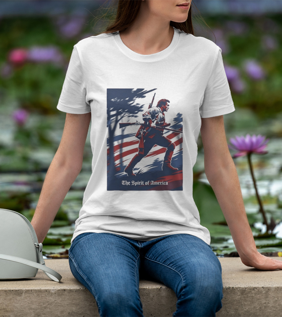 The Spirit Of America Revolutionary War Soldier With Musket And American Flag T-Shirt