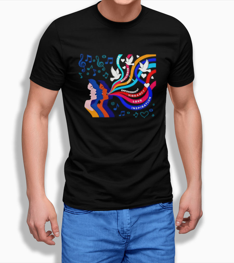Women's Music Hope Resilience Joy Empowerment Vibrancy Love Inspiration Doves Notes Hearts T-Shirt