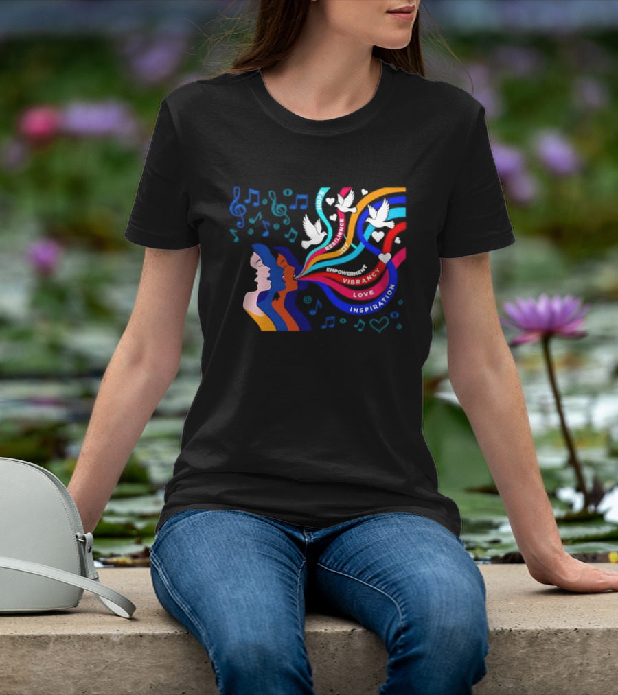 Women's Music Hope Resilience Joy Empowerment Vibrancy Love Inspiration Doves Notes Hearts T-Shirt