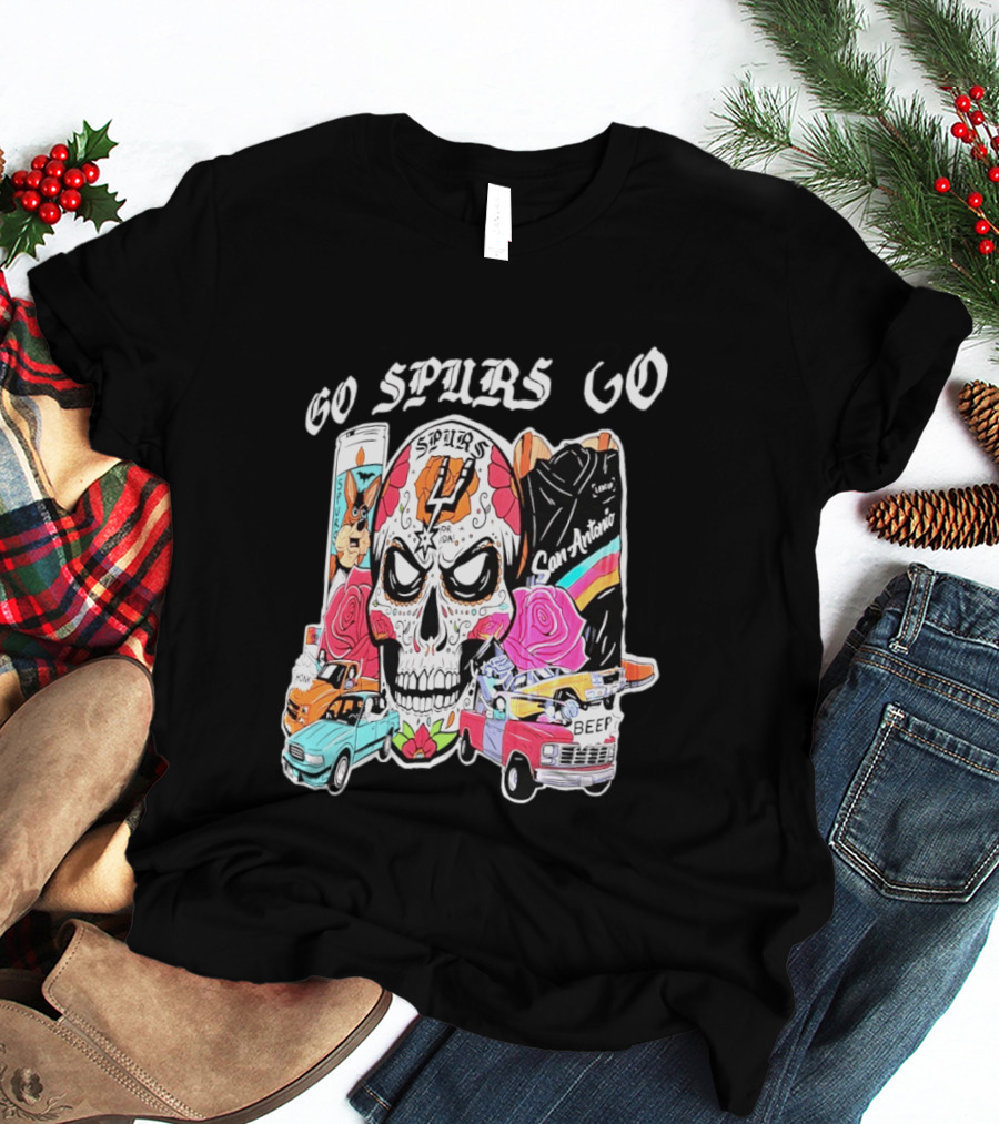 San Antonio Spurs Sugar Skull Go Spurs Go Vintage Cars Roses T-Shirt