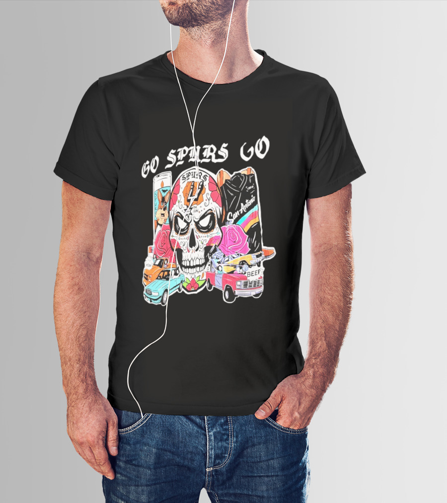 San Antonio Spurs Sugar Skull Go Spurs Go Vintage Cars Roses T-Shirt