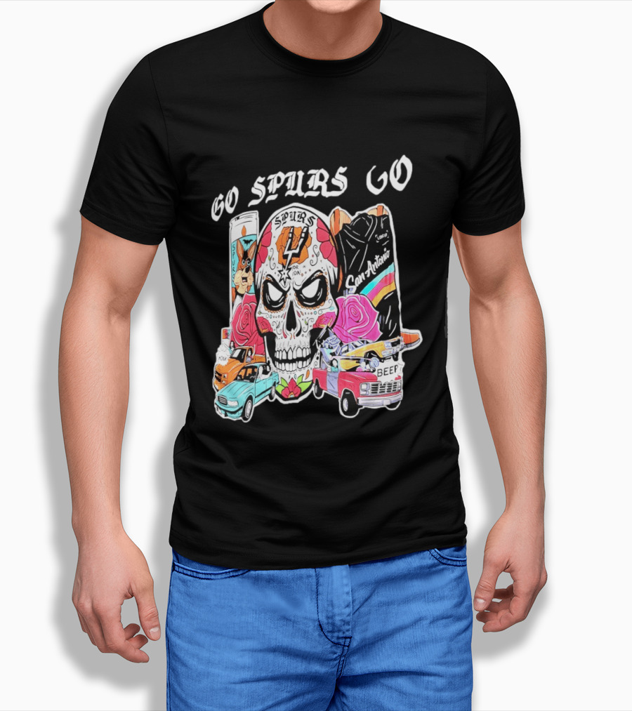 San Antonio Spurs Sugar Skull Go Spurs Go Vintage Cars Roses T-Shirt