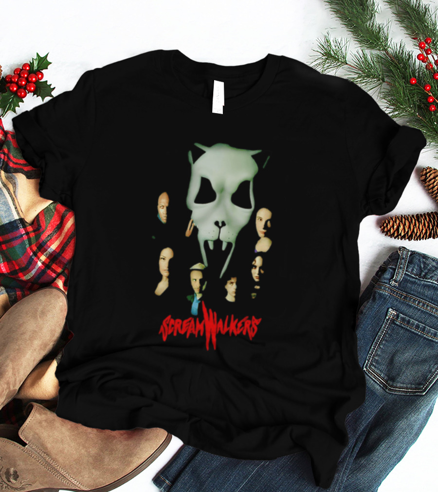 Screamwalkers Movie Cast Ensemble With Giant Mask Horror Faces T-Shirt