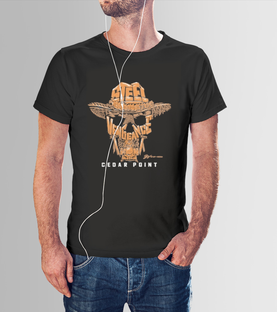 Cedar Point Steel Vengeance Orange Skull Logo & GV Wordscape T-Shirt