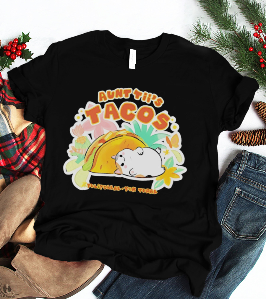 Aunt Tii's Tacos Cat Tulitollal Yok Tural Vibrant Fiesta Floral Burst T-Shirt