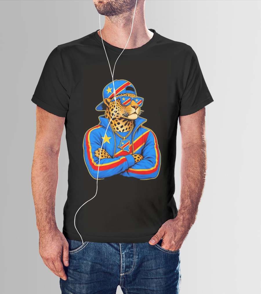 DR Congo Flag Colors Leopard In Hip Hop Style Outfit T-Shirt