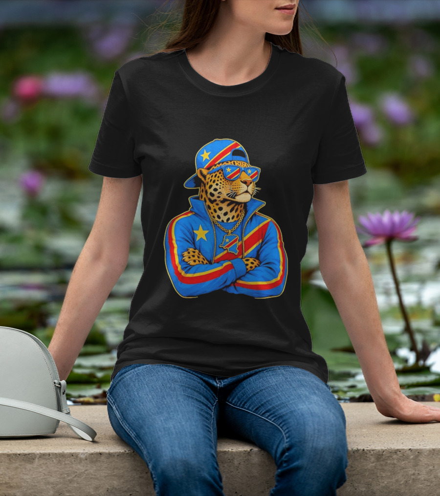 DR Congo Flag Colors Leopard In Hip Hop Style Outfit T-Shirt